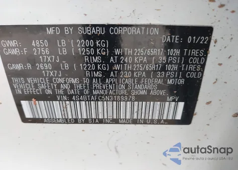 2022 Subaru Outback Premium z USA, uszkodzony, nr VIN 4S4BTAFC5N3189978